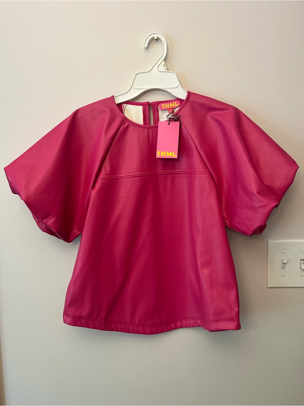 THML Pink Faux Leather Short Puff Sleeves Contemporary Top Size S